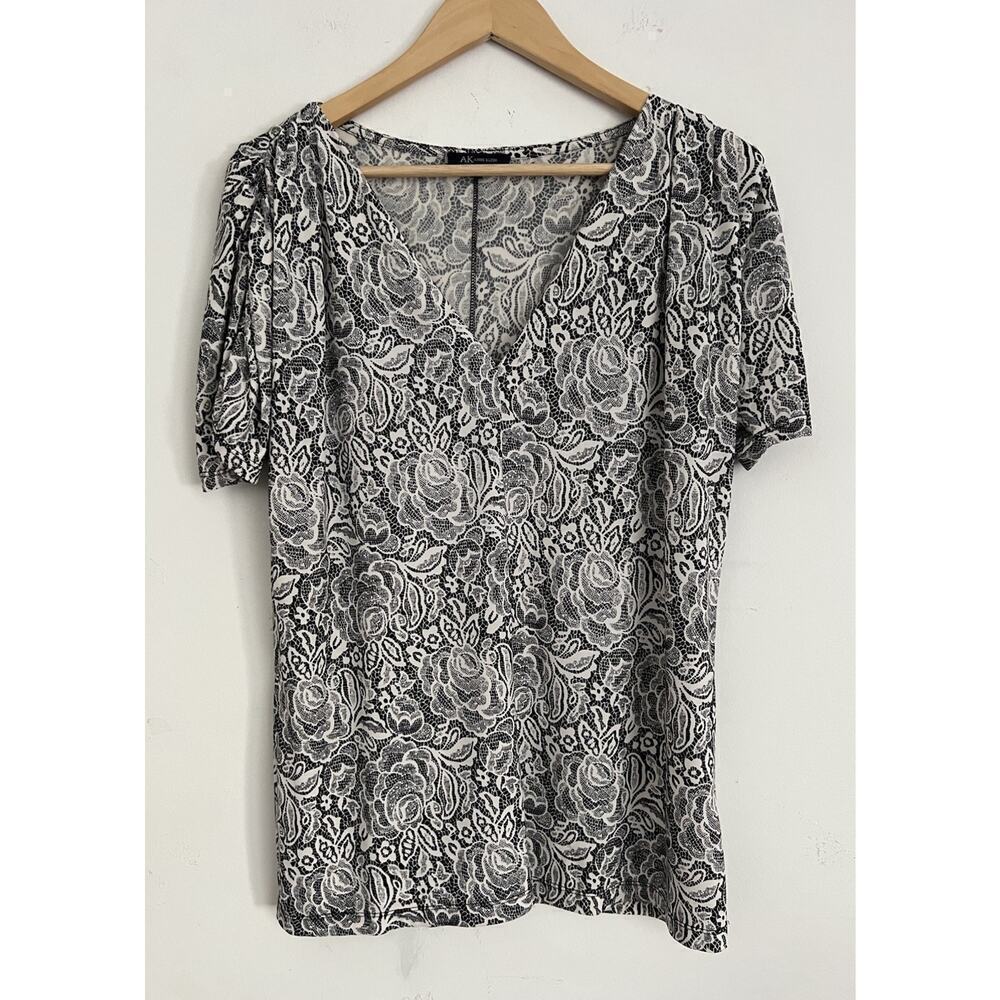 Anne Klein Blouse Top XL Gathered Sleeve Floral Black White Polyester Spandex